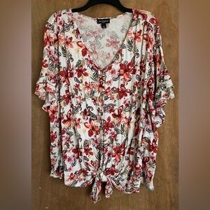I.N. Studio Cream and Rust Floral Tie-Front Button Down Blouse Size 1X